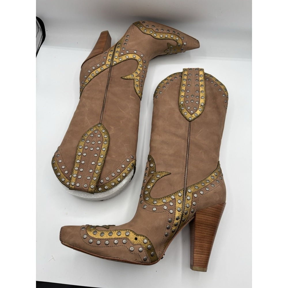 G Series Cole Haan Studded Pointed Toe Western Boots Brown Gold Glendo Boot 6.5B - Picture 7 of 14